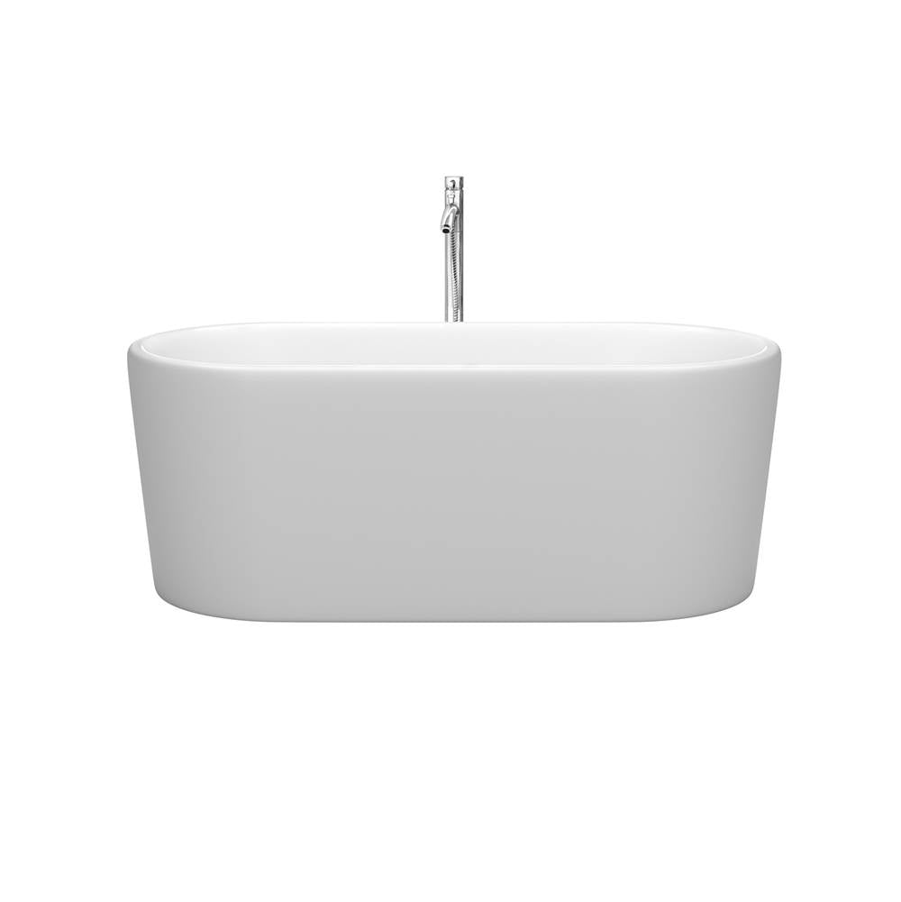 Ursula 59 Inch Freestanding Bathtub in Matte White with Floor Mounted Faucet, Drain and Overflow Trim in Polished Chrome