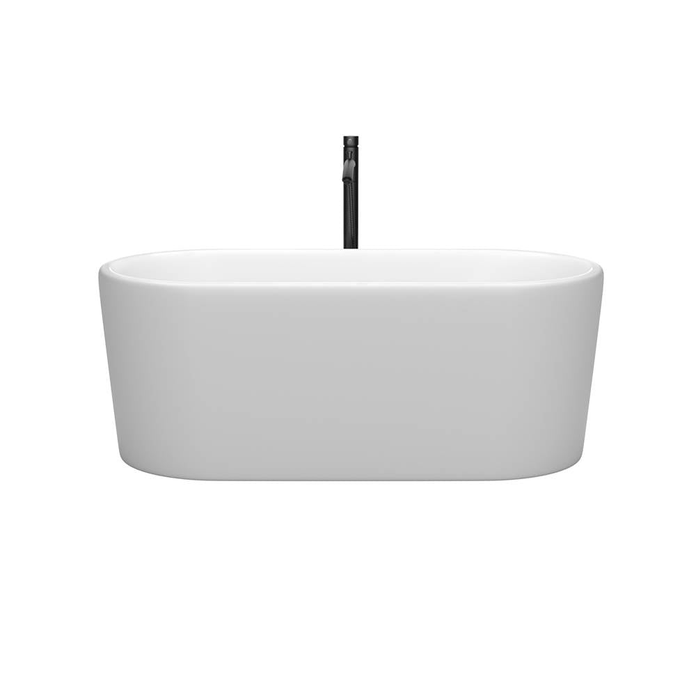 Ursula 59 Inch Freestanding Bathtub in Matte White with Floor Mounted Faucet, Drain and Overflow Trim in Matte Black
