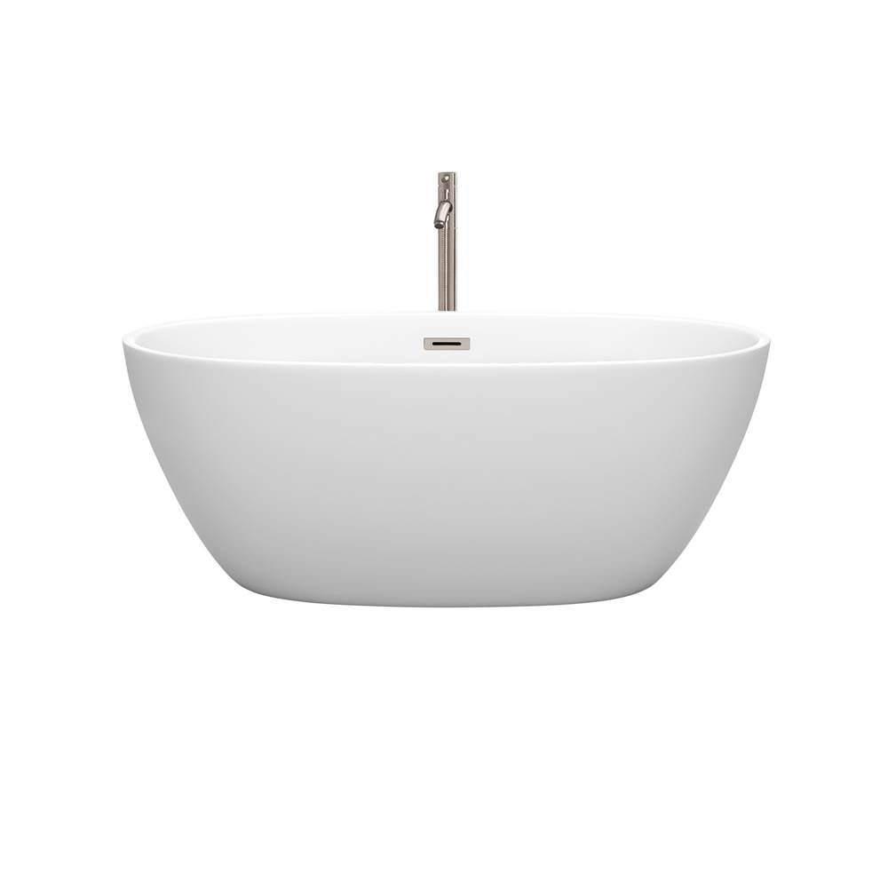 Juno 59 Inch Freestanding Bathtub in Matte White with Floor Mounted Faucet, Drain and Overflow Trim in Brushed Nickel