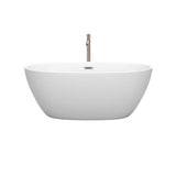Juno 59 Inch Freestanding Bathtub in Matte White with Floor Mounted Faucet, Drain and Overflow Trim in Brushed Nickel