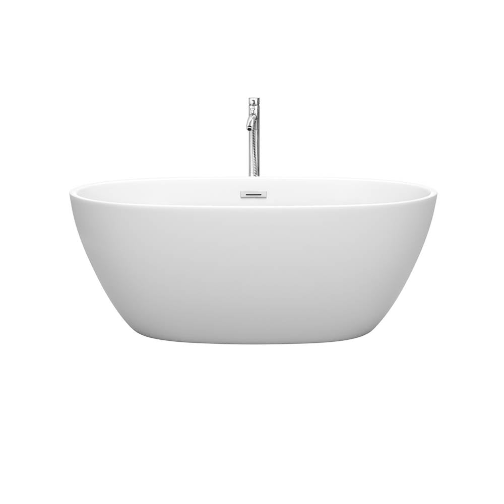 Juno 59 Inch Freestanding Bathtub in Matte White with Floor Mounted Faucet, Drain and Overflow Trim in Polished Chrome