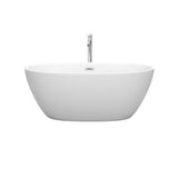 Juno 59 Inch Freestanding Bathtub in Matte White with Floor Mounted Faucet, Drain and Overflow Trim in Polished Chrome