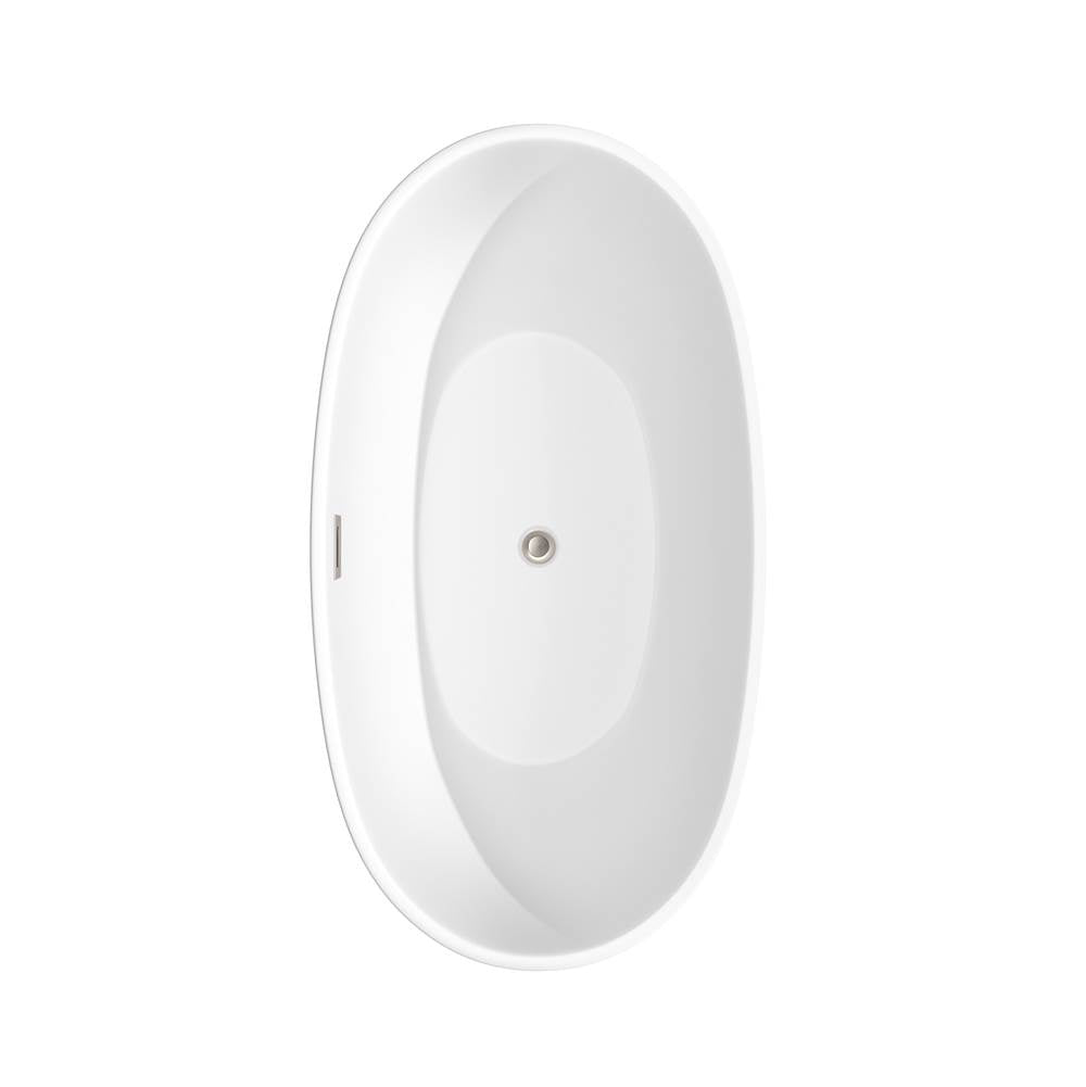 Juno 59 Inch Freestanding Bathtub in Matte White with Floor Mounted Faucet, Drain and Overflow Trim in Brushed Nickel