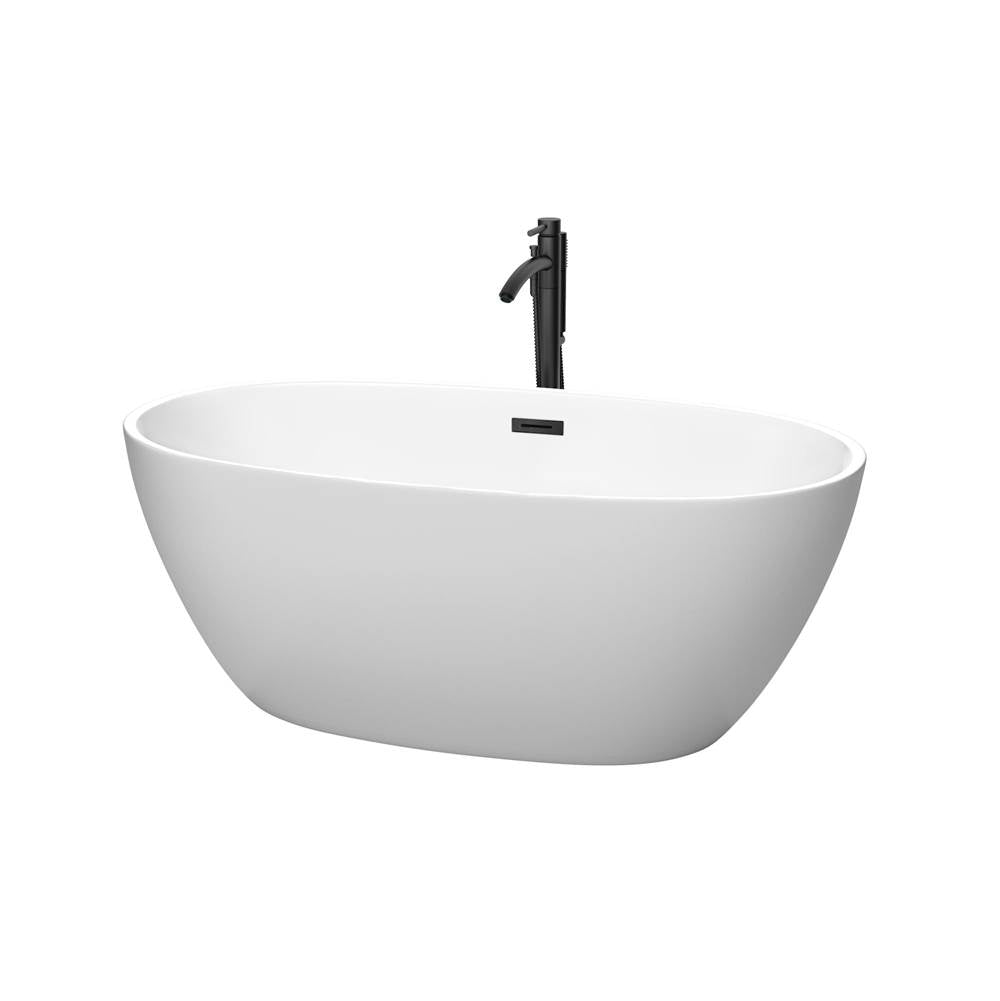Wyndham Collection - Juno 59 Inch Freestanding Bathtub in Matte White with Floor Mounted Faucet, Drain and Overflow Trim in Matte Black