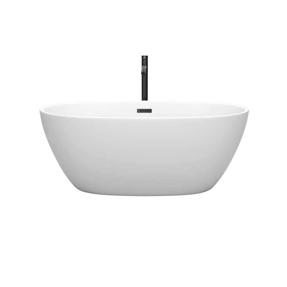 Juno 59 Inch Freestanding Bathtub in Matte White with Floor Mounted Faucet, Drain and Overflow Trim in Matte Black