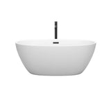 Juno 59 Inch Freestanding Bathtub in Matte White with Floor Mounted Faucet, Drain and Overflow Trim in Matte Black
