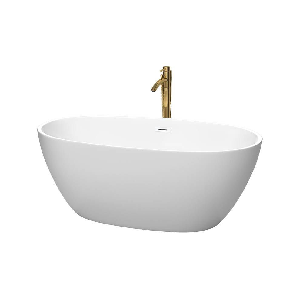 Wyndham Collection - Juno 59 Inch Freestanding Bathtub in Matte White with Shiny White Trim and Floor Mounted Faucet in Brushed Gold