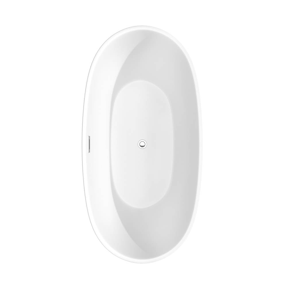 Juno 63 Inch Freestanding Bathtub in Matte White with Floor Mounted Faucet, Drain and Overflow Trim in Polished Chrome