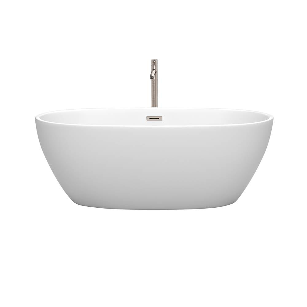 Juno 63 Inch Freestanding Bathtub in Matte White with Floor Mounted Faucet, Drain and Overflow Trim in Brushed Nickel