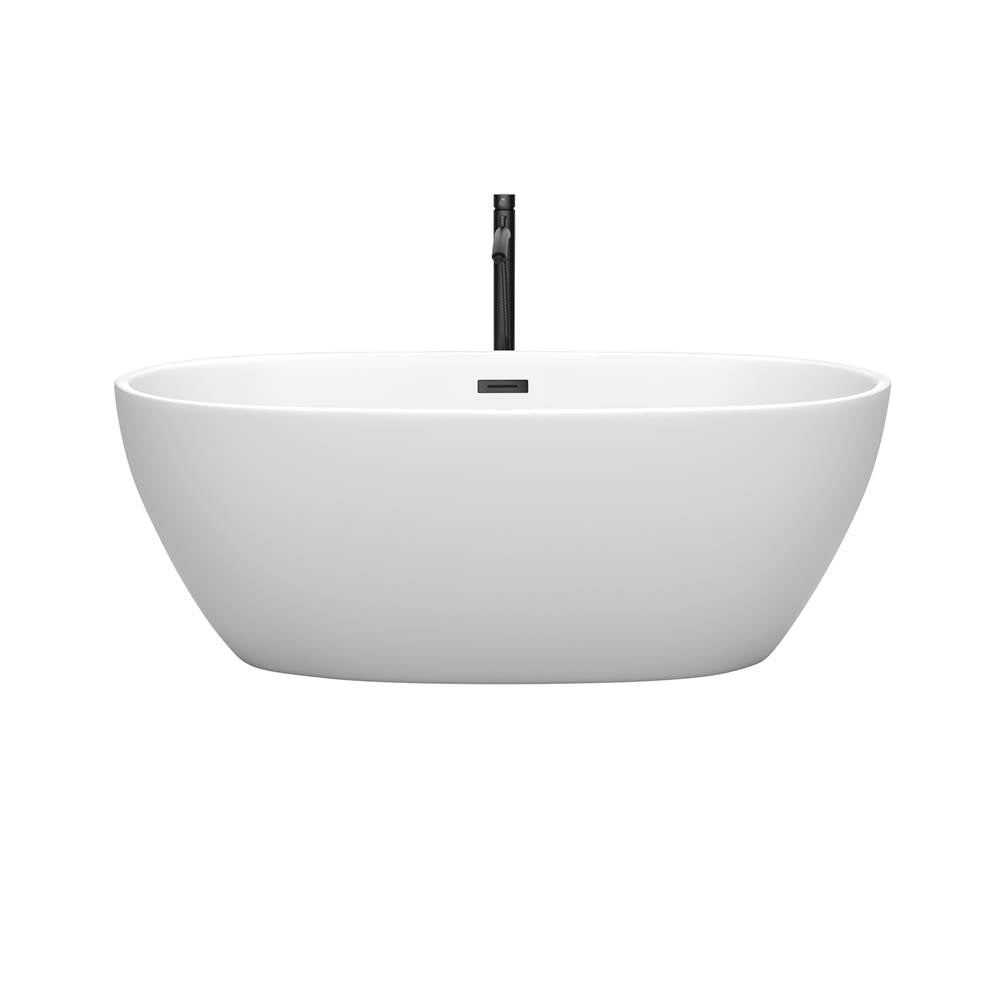 Juno 63 Inch Freestanding Bathtub in Matte White with Floor Mounted Faucet, Drain and Overflow Trim in Matte Black