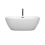 Juno 63 Inch Freestanding Bathtub in Matte White with Floor Mounted Faucet, Drain and Overflow Trim in Matte Black