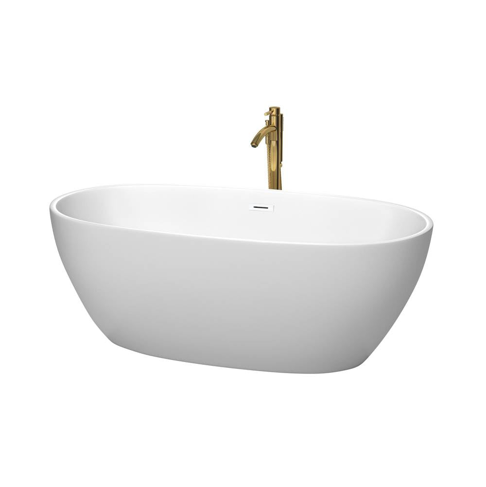 Wyndham Collection - Juno 63 Inch Freestanding Bathtub in Matte White with Shiny White Trim and Floor Mounted Faucet in Brushed Gold