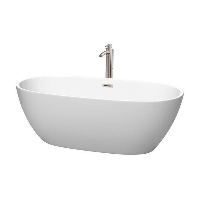 Wyndham Collection - Juno 67 Inch Freestanding Bathtub in Matte White with Floor Mounted Faucet, Drain and Overflow Trim in Brushed Nickel