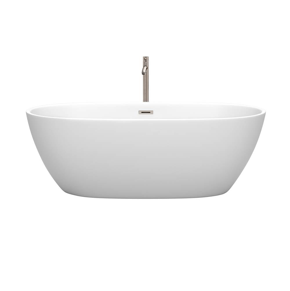 Juno 67 Inch Freestanding Bathtub in Matte White with Floor Mounted Faucet, Drain and Overflow Trim in Brushed Nickel