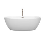 Juno 67 Inch Freestanding Bathtub in Matte White with Floor Mounted Faucet, Drain and Overflow Trim in Brushed Nickel