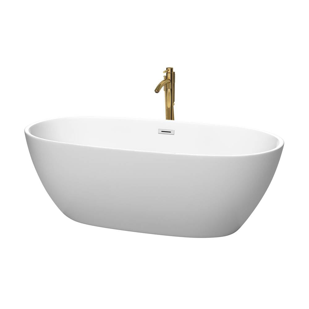 Wyndham Collection - Juno 67 Inch Freestanding Bathtub in Matte White with Polished Chrome Trim and Floor Mounted Faucet in Brushed Gold