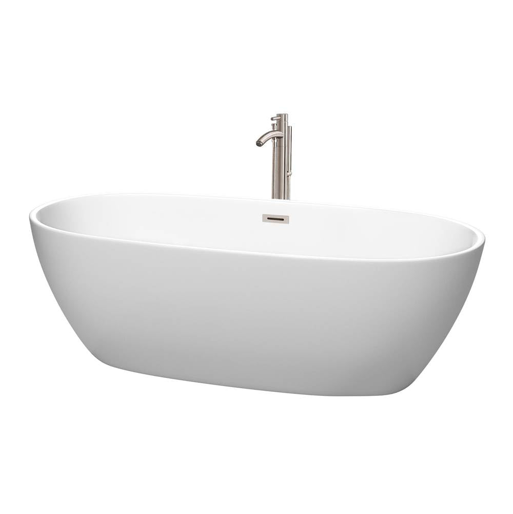 Wyndham Collection - Juno 71 Inch Freestanding Bathtub in Matte White with Floor Mounted Faucet, Drain and Overflow Trim in Brushed Nickel