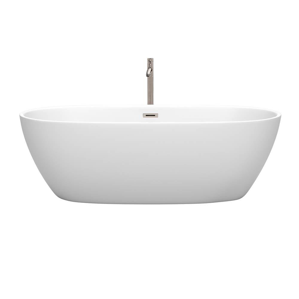 Juno 71 Inch Freestanding Bathtub in Matte White with Floor Mounted Faucet, Drain and Overflow Trim in Brushed Nickel