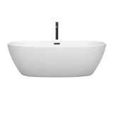 Juno 71 Inch Freestanding Bathtub in Matte White with Floor Mounted Faucet, Drain and Overflow Trim in Matte Black