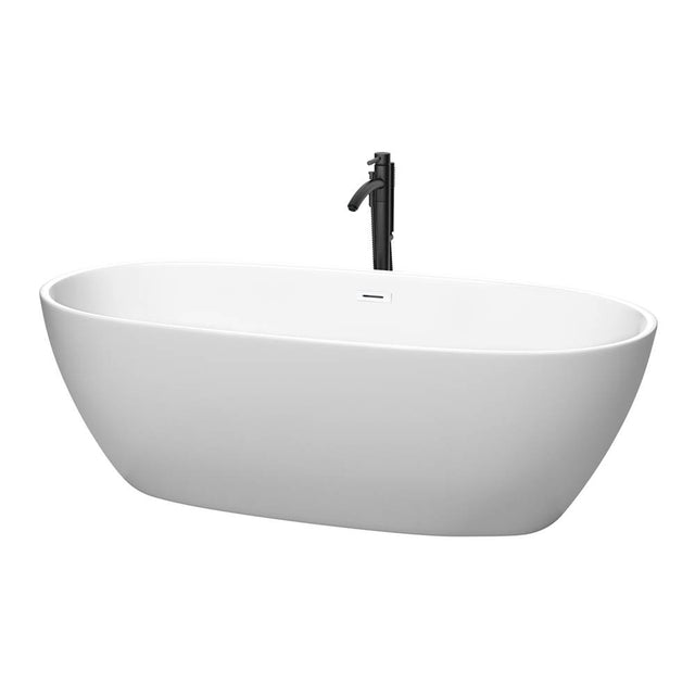 Wyndham Collection - Juno 71 Inch Freestanding Bathtub in Matte White with Shiny White Trim and Floor Mounted Faucet in Matte Black