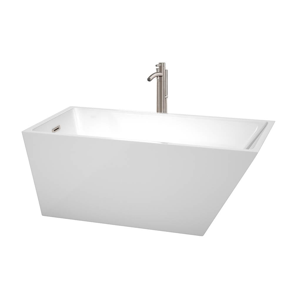 Wyndham Collection - Hannah 59 Inch Freestanding Bathtub in White with Floor Mounted Faucet, Drain and Overflow Trim in Brushed Nickel - White With Brushed Nickel