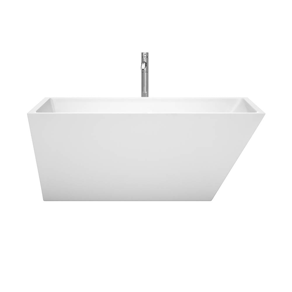 Hannah 59 Inch Freestanding Bathtub in White with Floor Mounted Faucet, Drain and Overflow Trim in Brushed Nickel