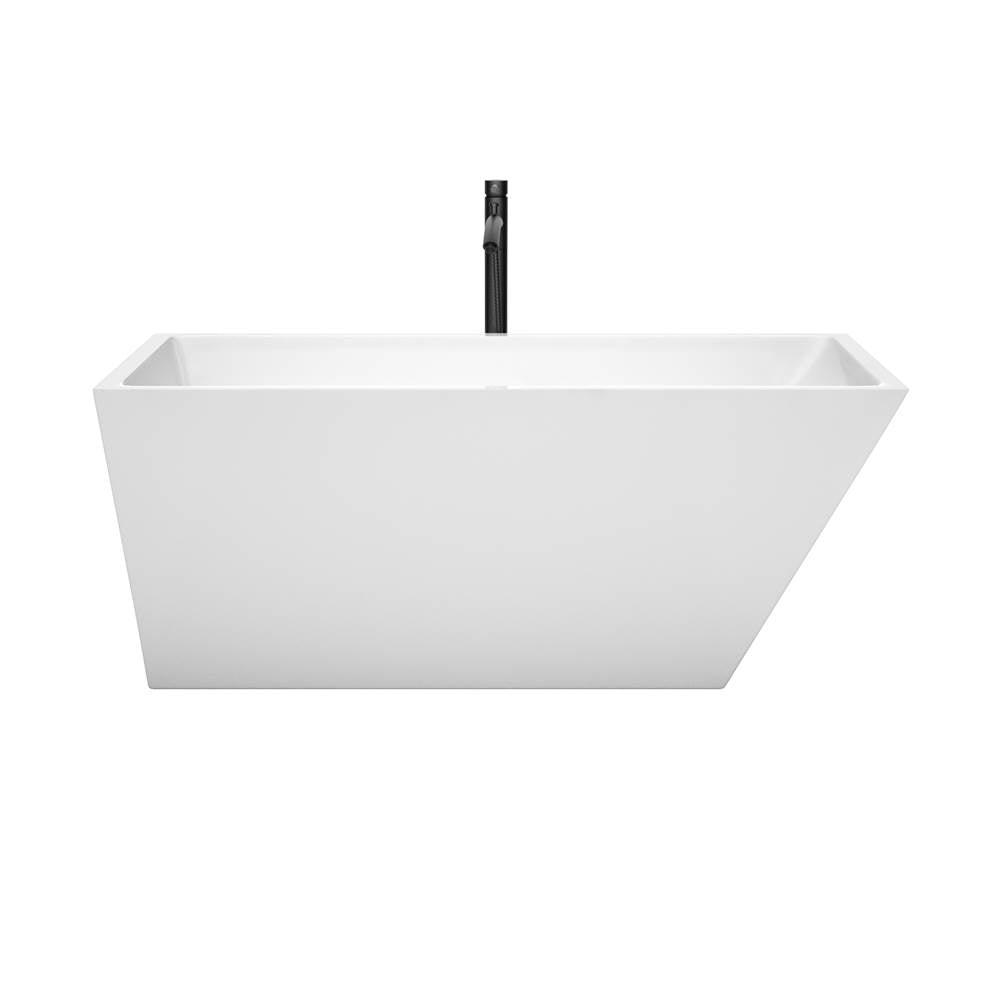 Hannah 59 Inch Freestanding Bathtub in White with Floor Mounted Faucet, Drain and Overflow Trim in Matte Black