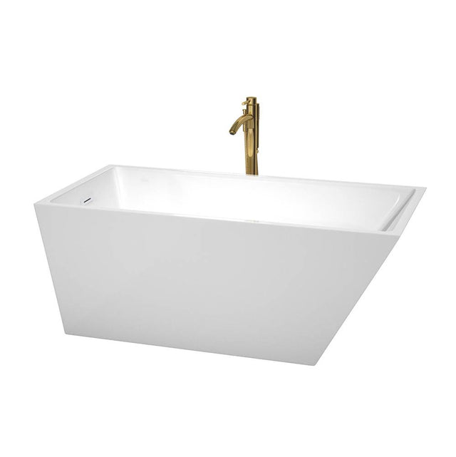Wyndham Collection - Hannah 59 Inch Freestanding Bathtub in White with Shiny White Trim and Floor Mounted Faucet in Brushed Gold