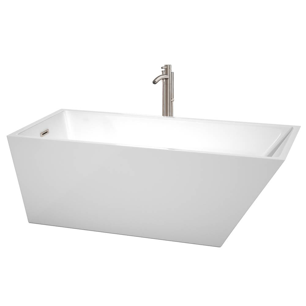 Wyndham Collection - Hannah 67 Inch Freestanding Bathtub in White with Floor Mounted Faucet, Drain and Overflow Trim in Brushed Nickel - White With Brushed Nickel