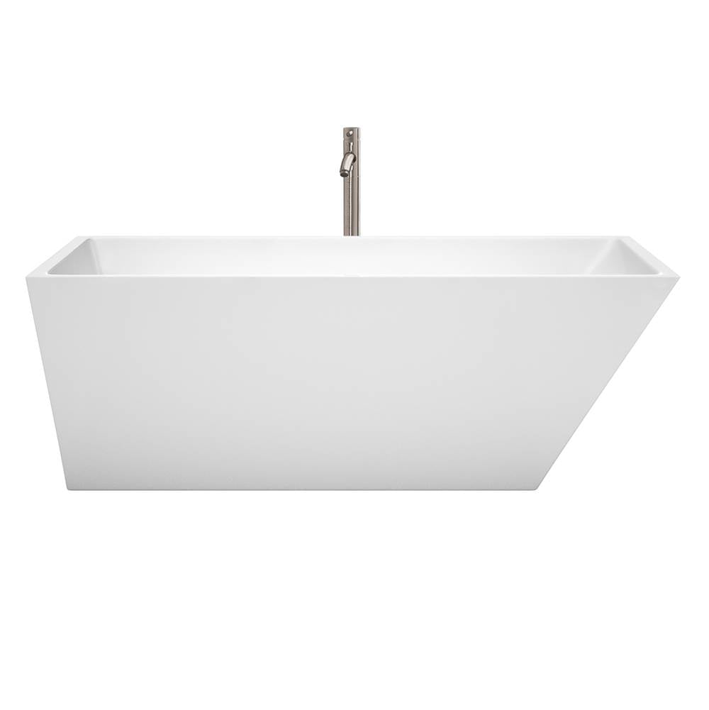 Hannah 67 Inch Freestanding Bathtub in White with Floor Mounted Faucet, Drain and Overflow Trim in Brushed Nickel