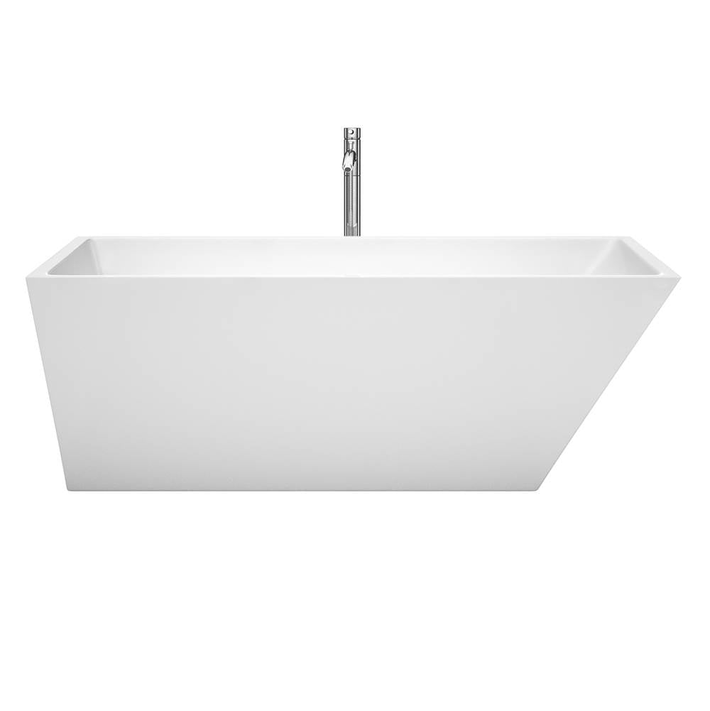 Hannah 67 Inch Freestanding Bathtub in White with Floor Mounted Faucet, Drain and Overflow Trim in Brushed Nickel
