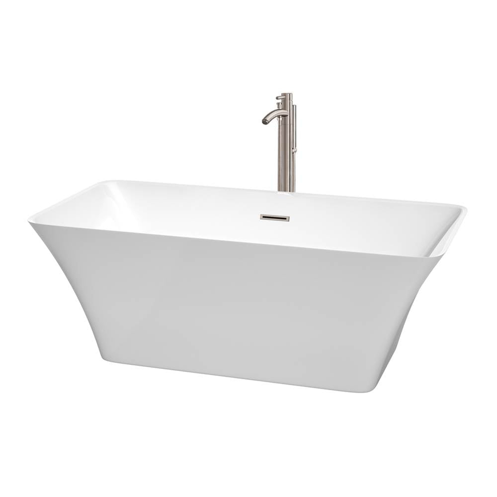 Wyndham Collection - Tiffany 59 Inch Freestanding Bathtub in White with Floor Mounted Faucet, Drain and Overflow Trim in Brushed Nickel - White With Brushed Nickel