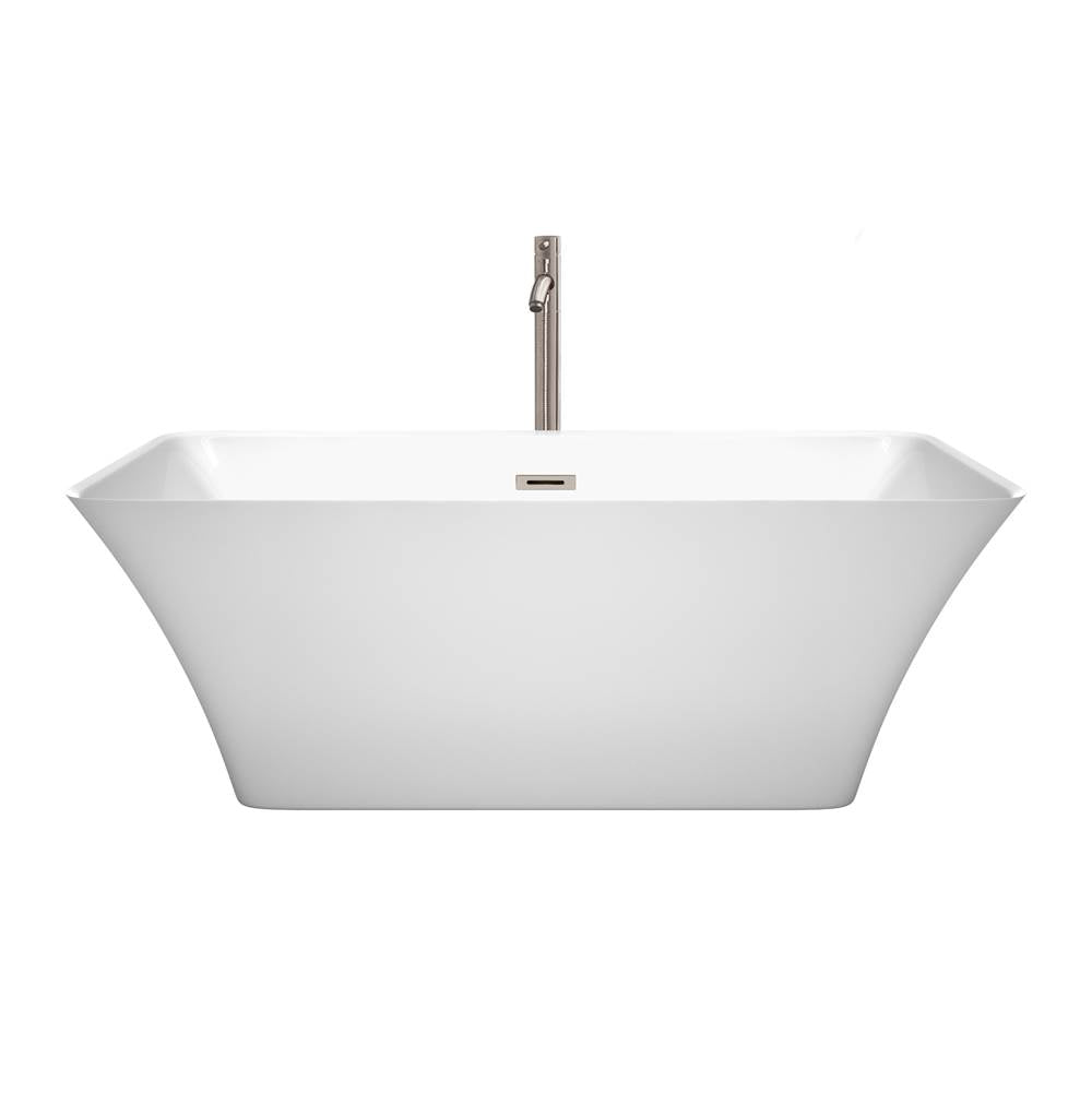 Tiffany 59 Inch Freestanding Bathtub in White with Floor Mounted Faucet, Drain and Overflow Trim in Brushed Nickel