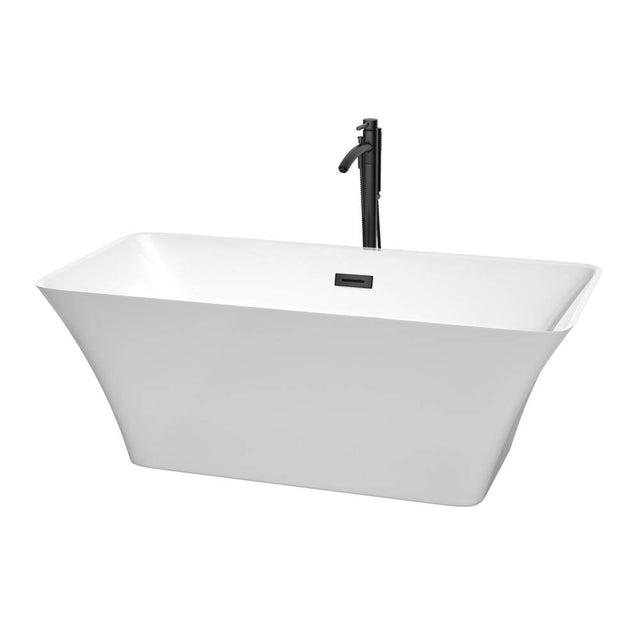 Wyndham Collection - Tiffany 59 Inch Freestanding Bathtub in White with Floor Mounted Faucet, Drain and Overflow Trim in Matte Black