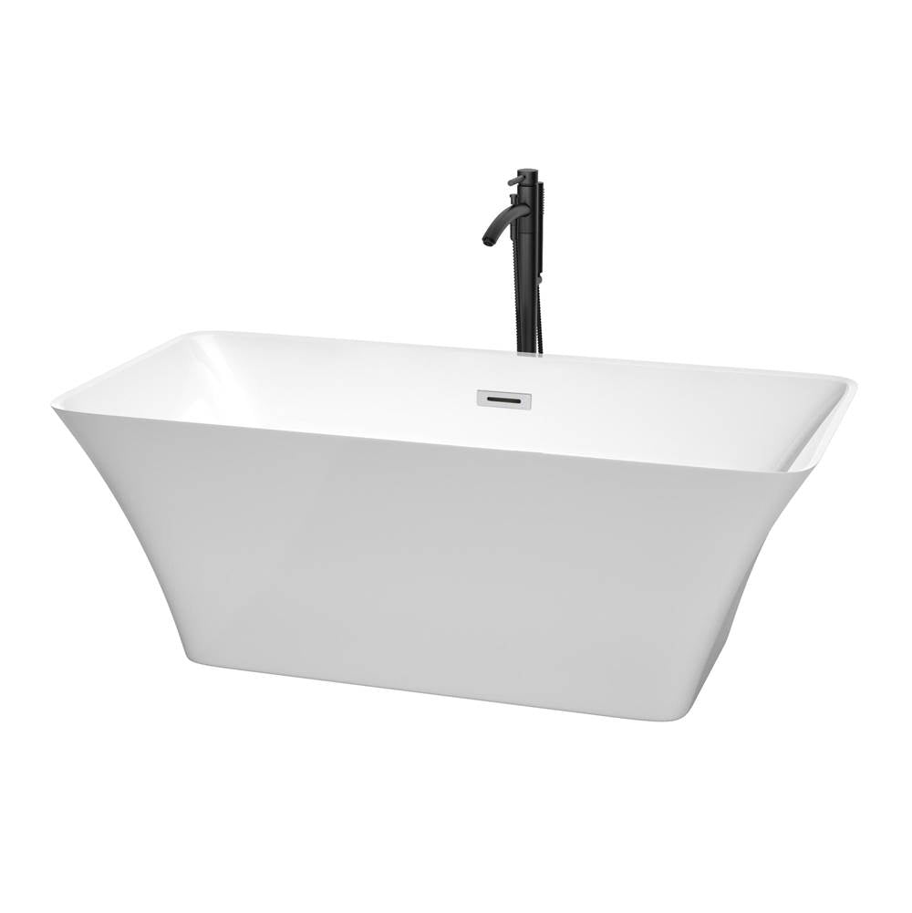 Wyndham Collection - Tiffany 59 Inch Freestanding Bathtub in White with Polished Chrome Trim and Floor Mounted Faucet in Matte Black
