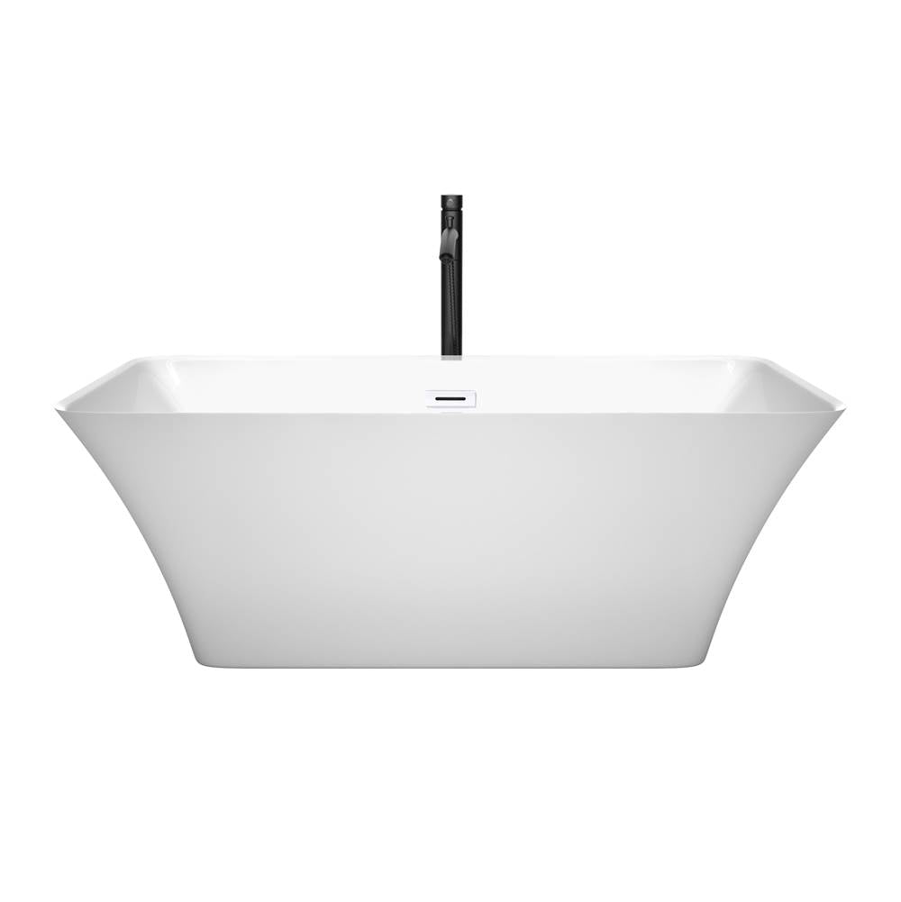 Tiffany 59 Inch Freestanding Bathtub in White with Shiny White Trim and Floor Mounted Faucet in Matte Black