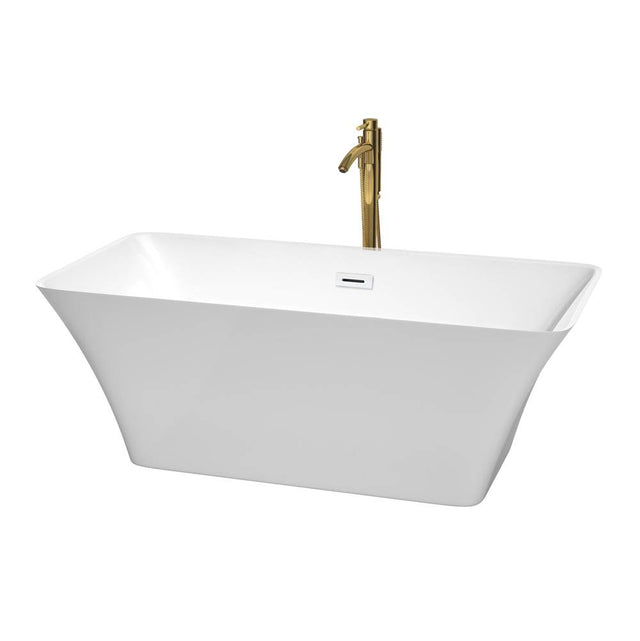 Wyndham Collection - Tiffany 59 Inch Freestanding Bathtub in White with Shiny White Trim and Floor Mounted Faucet in Brushed Gold