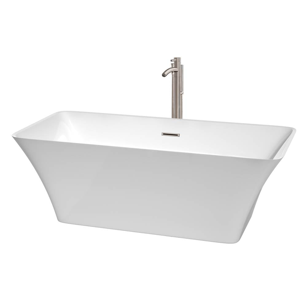 Wyndham Collection - Tiffany 67 Inch Freestanding Bathtub in White with Floor Mounted Faucet, Drain and Overflow Trim in Brushed Nickel - White With Brushed Nickel