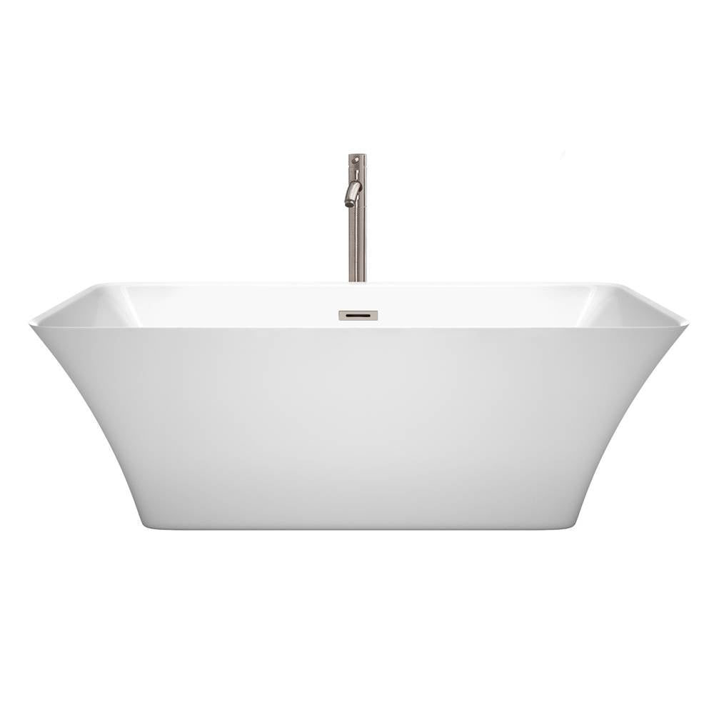 Tiffany 67 Inch Freestanding Bathtub in White with Floor Mounted Faucet, Drain and Overflow Trim in Brushed Nickel