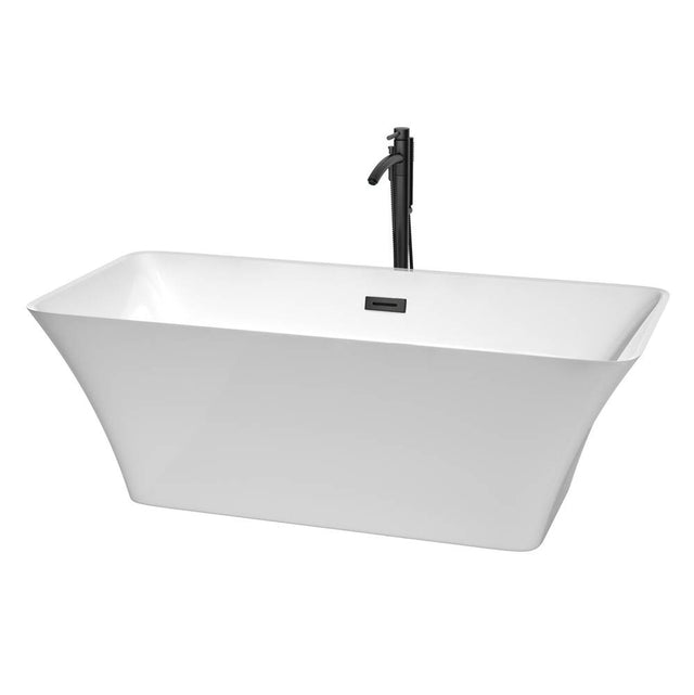 Wyndham Collection - Tiffany 67 Inch Freestanding Bathtub in White with Floor Mounted Faucet, Drain and Overflow Trim in Matte Black