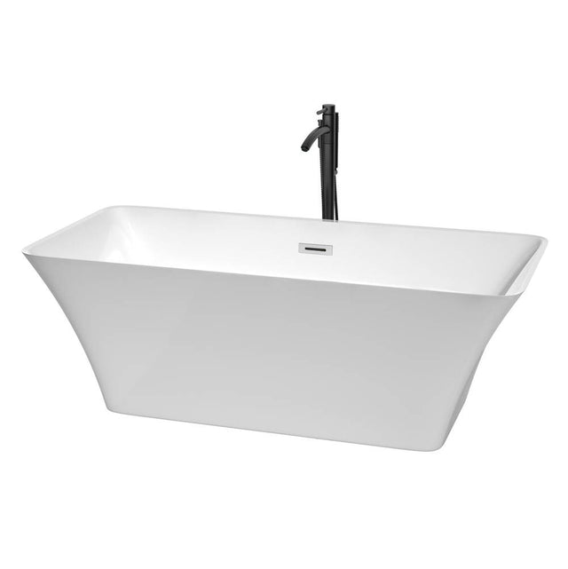 Wyndham Collection - Tiffany 67 Inch Freestanding Bathtub in White with Polished Chrome Trim and Floor Mounted Faucet in Matte Black