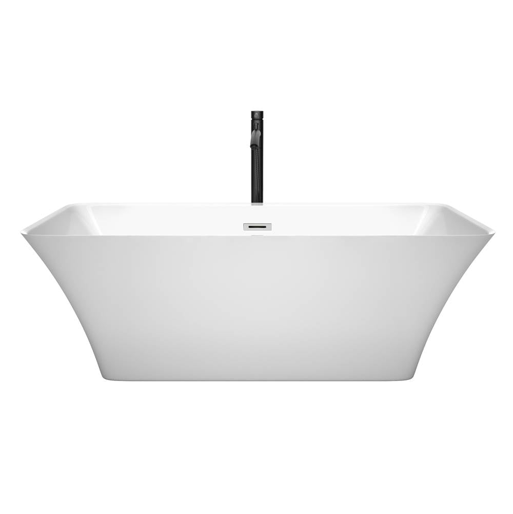Tiffany 67 Inch Freestanding Bathtub in White with Polished Chrome Trim and Floor Mounted Faucet in Matte Black