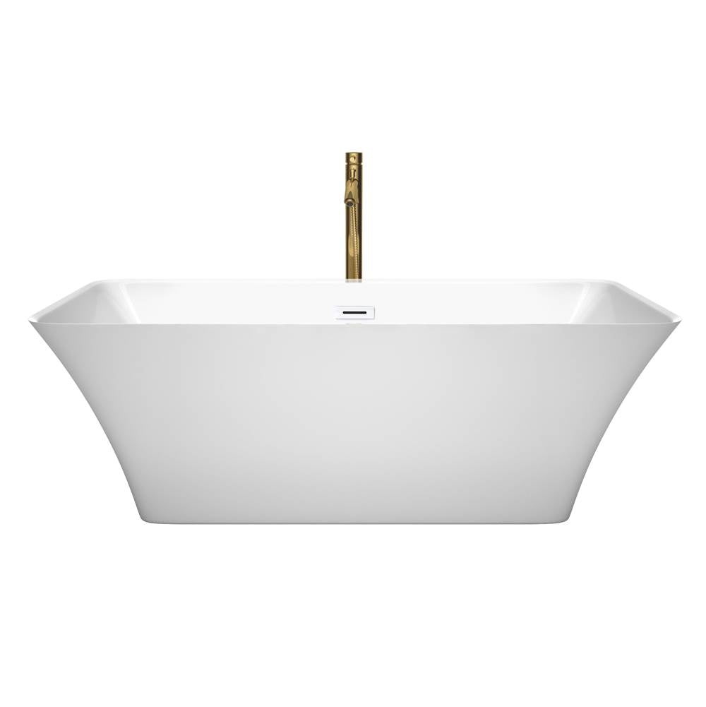 Tiffany 67 Inch Freestanding Bathtub in White with Shiny White Trim and Floor Mounted Faucet in Brushed Gold