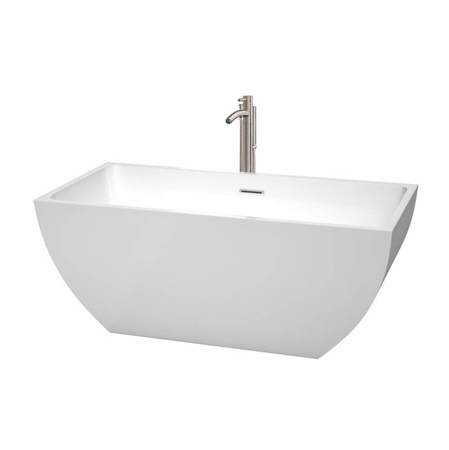Wyndham Collection - Rachel 59 Inch Freestanding Bathtub in White with Floor Mounted Faucet, Drain and Overflow Trim in Brushed Nickel - White With Brushed Nickel