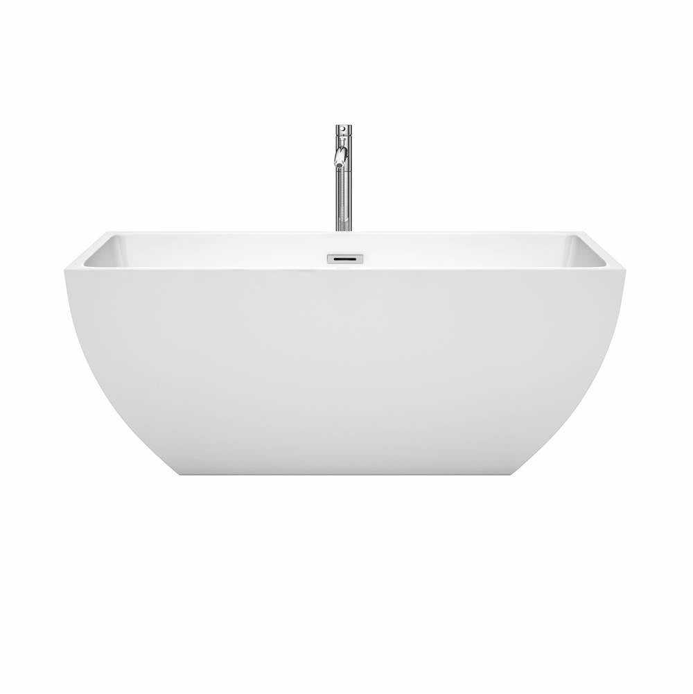 Rachel 59 Inch Freestanding Bathtub in White with Floor Mounted Faucet, Drain and Overflow Trim in Brushed Nickel