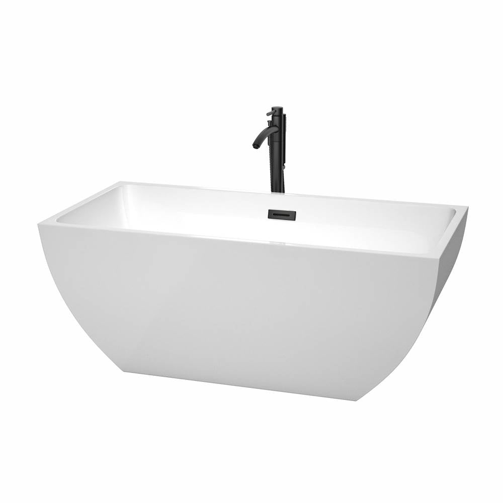 Wyndham Collection - Rachel 59 Inch Freestanding Bathtub in White with Floor Mounted Faucet, Drain and Overflow Trim in Matte Black