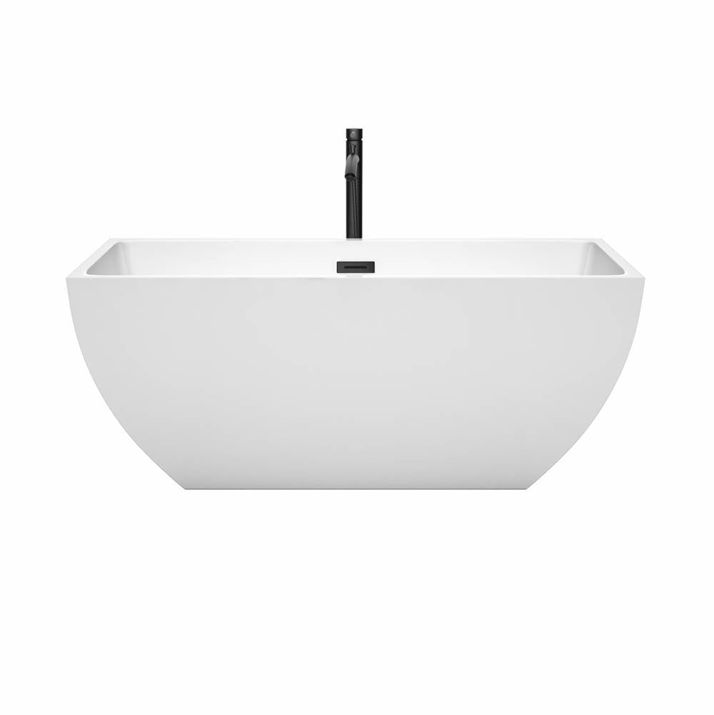 Rachel 59 Inch Freestanding Bathtub in White with Floor Mounted Faucet, Drain and Overflow Trim in Matte Black