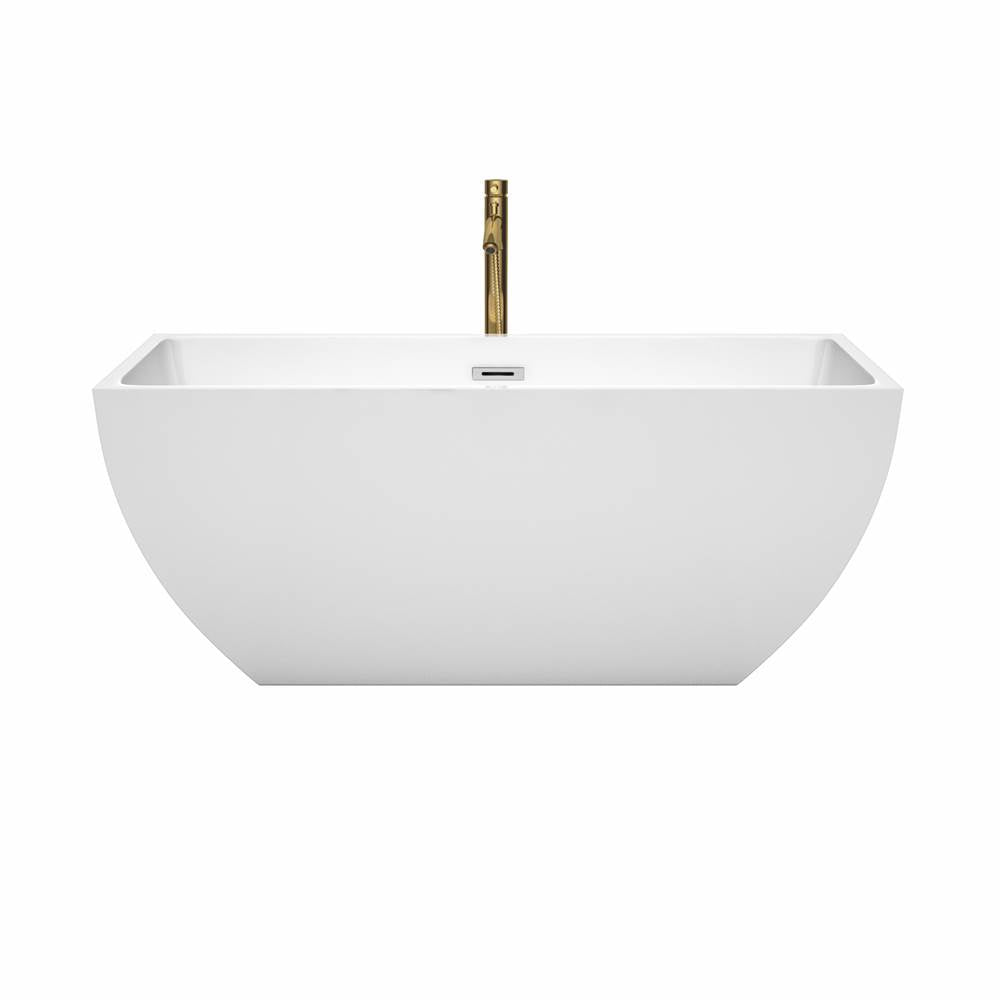 Rachel 59 Inch Freestanding Bathtub in White with Polished Chrome Trim and Floor Mounted Faucet in Brushed Gold
