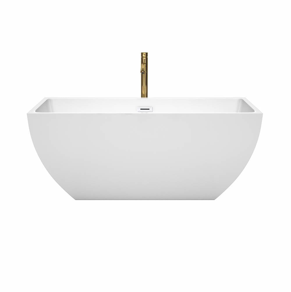 Rachel 59 Inch Freestanding Bathtub in White with Shiny White Trim and Floor Mounted Faucet in Brushed Gold