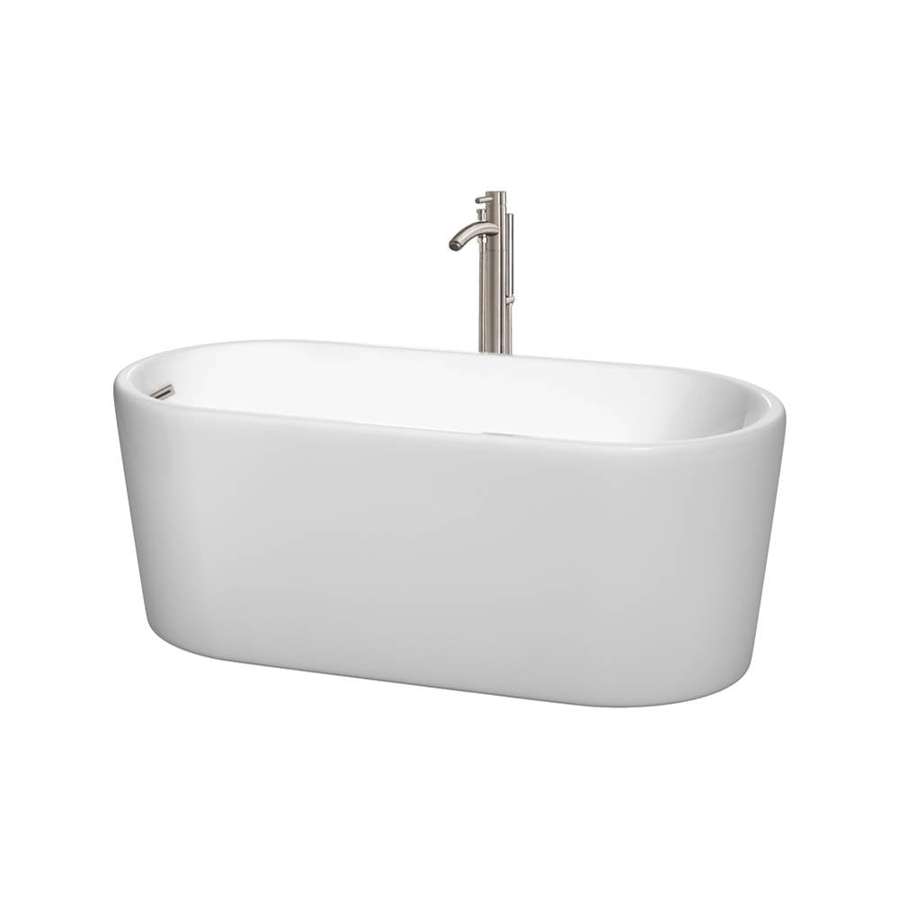 Wyndham Collection - Ursula 59 Inch Freestanding Bathtub in White with Floor Mounted Faucet, Drain and Overflow Trim in Brushed Nickel - White With Brushed Nickel